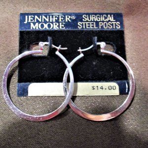 VINTAGE JENNIFER MOORE EARRINGS Silvertone Hoops 1 1/2" Surgical Steel Posts New